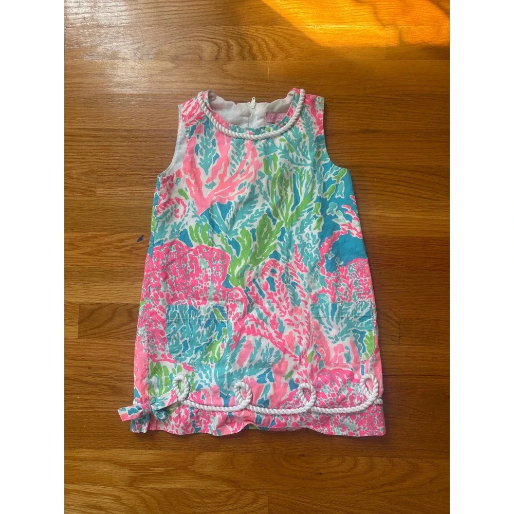 Lilly Pulitzer Girls Pink Blue Coral Reef Rope Trim Shift Dress Size 5